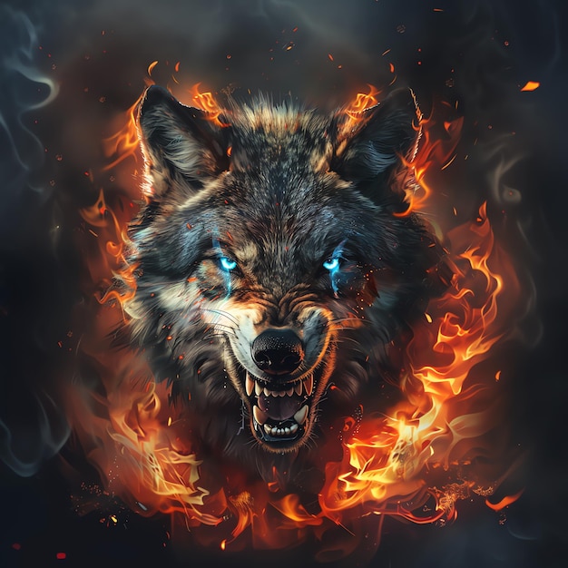 Photo a wolf head with the mouth open in flames