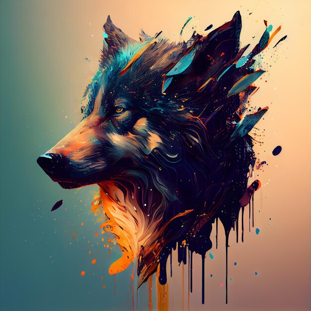 Wolf head with splashes of paint on a light background illustration