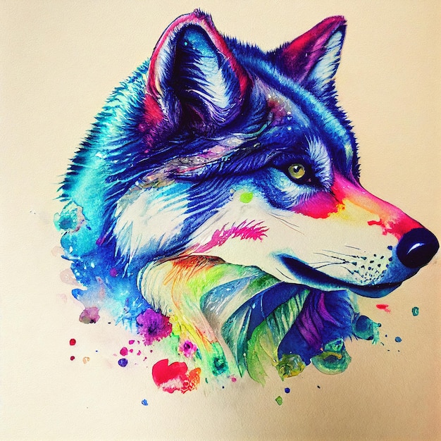 Wolf head with splashes of watercolor