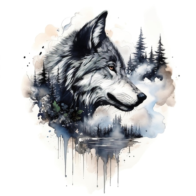 a wolf head with trees in the background