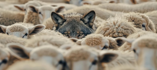 A wolf hiding among a flock of sheep leading the way or waiting for the right moment to act