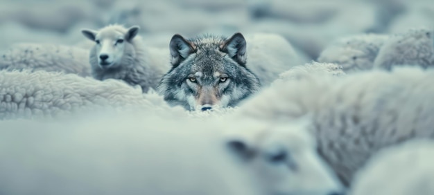 A wolf hiding among a flock of sheep leading the way or waiting for the right moment to act