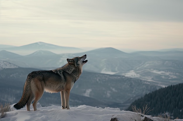 Wolf howling against a backdrop of snowy mountains