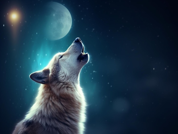 A wolf howling in front of the moon