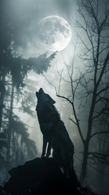 Photo wolf howling at the full moon in a misty forest