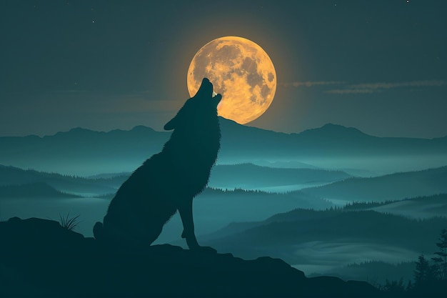 Wolf howling at the full moon in the night landscape illustration