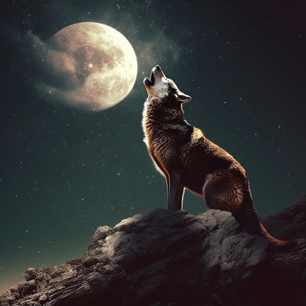 wolf howling on a full moon night at a mountain