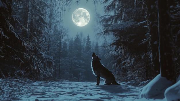 Wolf Howling Under a Full Moon in a Snowy Forest