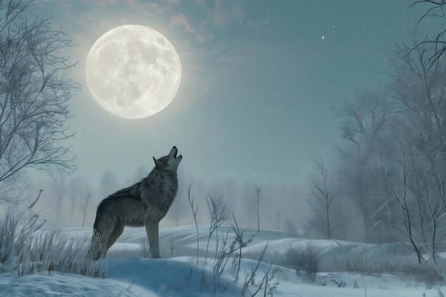 Wolf Howling at the Full Moon in a Snowy Landscape