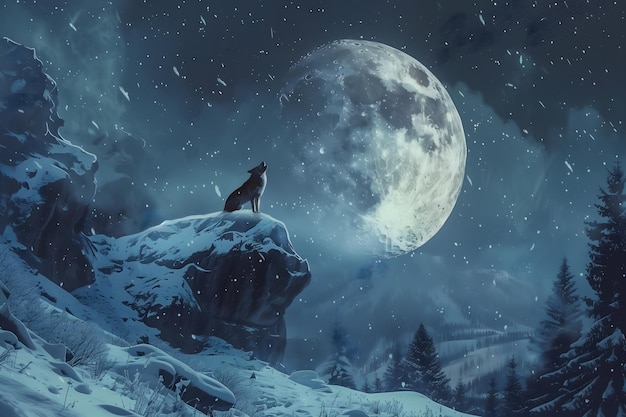 Wolf Howling at the Full Moon in a Snowy Landscape