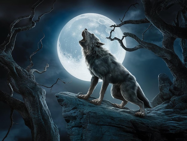 A Wolf Howling at a Full Moon with a Full Moon in the Background