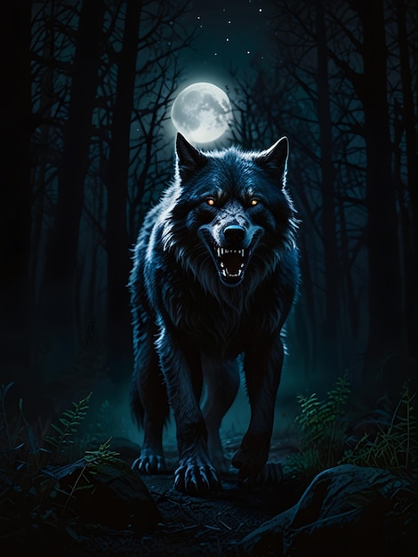 a wolf howling at the moon in the dark forest