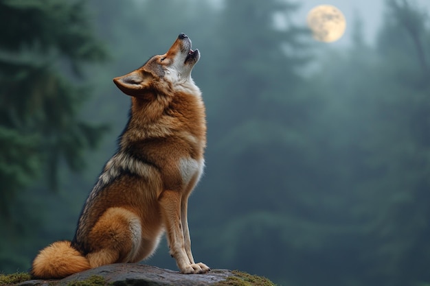 A wolf howling at the moon in a dark misty forest