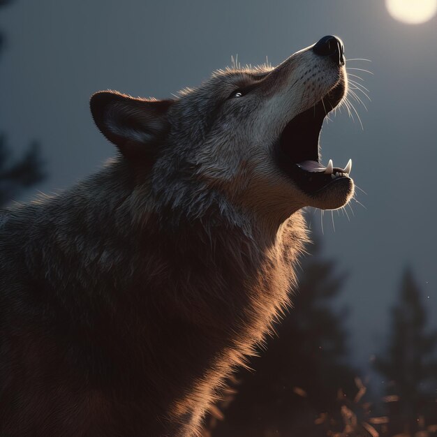 A wolf howling at the moon in the dark