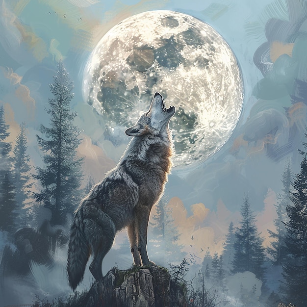 Photo wolf howling at the moon forest in the background digital art