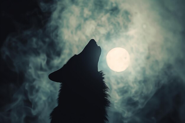 Photo wolf howling at the moon nocturnal setting eerie light close up focus on copy space double exposure silhouette with night sky