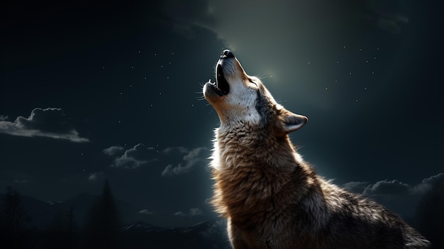 Wolf howling at the moon the wolf howling at the moon at night in front of mountains AI Generative