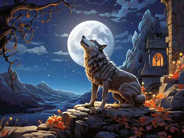 Wolf Howling With Magical Moonlit Background_8