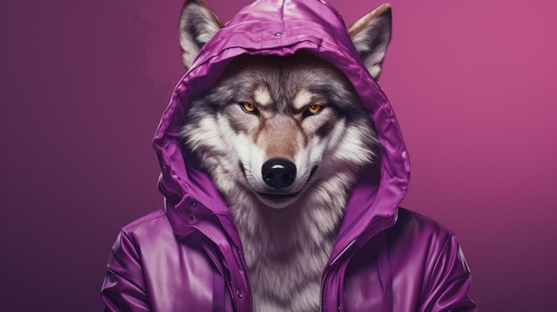 Photo wolf in human trendy fashionable clothes neural network ai generated