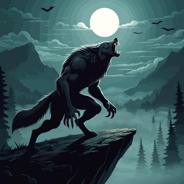 Photo a wolf is on a cliff with the moon in the background