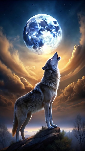 a wolf is looking at a blue planet