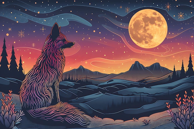 a wolf is looking at the moon in the night sky