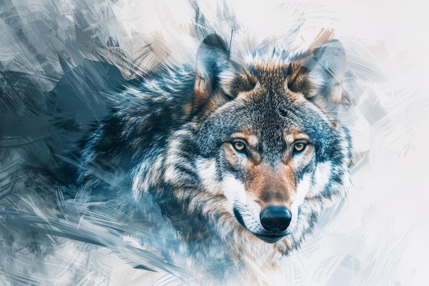 Photo a wolf is painted in blue and gray with a yellow eye