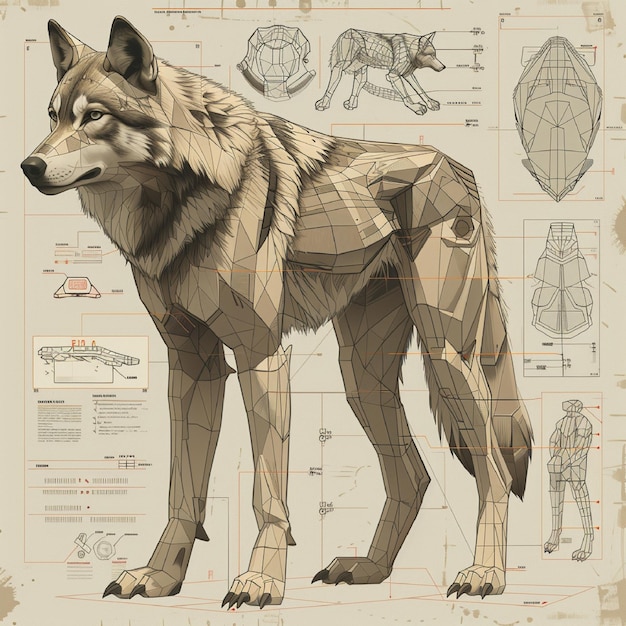 A wolf is shown in a drawing with a skeletonized outline of its body The drawing is of a wolf with