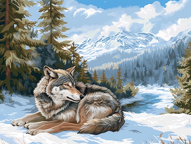 a wolf is in the snow with a mountain in the background