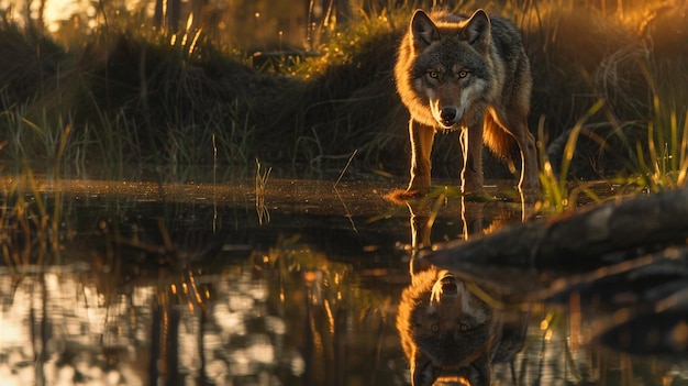 Photo a wolf is standing in front of a body of water with the sun shining on it