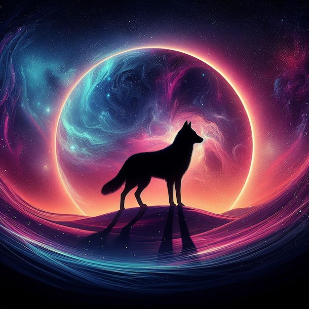 a wolf is standing in front of a moon with a background of stars and the moon