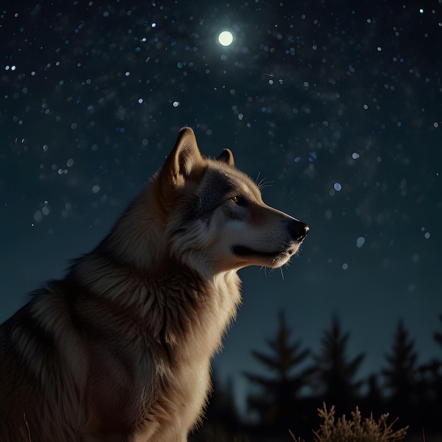 a wolf is standing in the grass under a starry sky