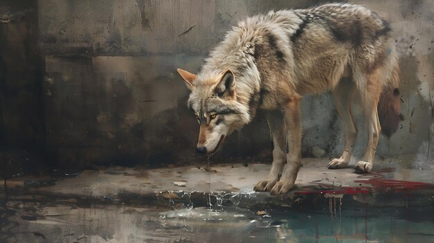 A wolf is standing on the ground and looking at something