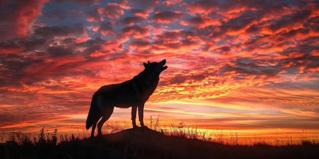 A wolf is standing on a hillside in front of a beautiful sunset Generate AI image