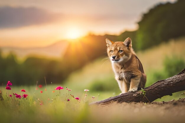 a wolf is standing on a log in a field of flowers