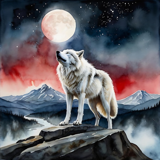 a wolf is standing on a mountain with a full moon in the background