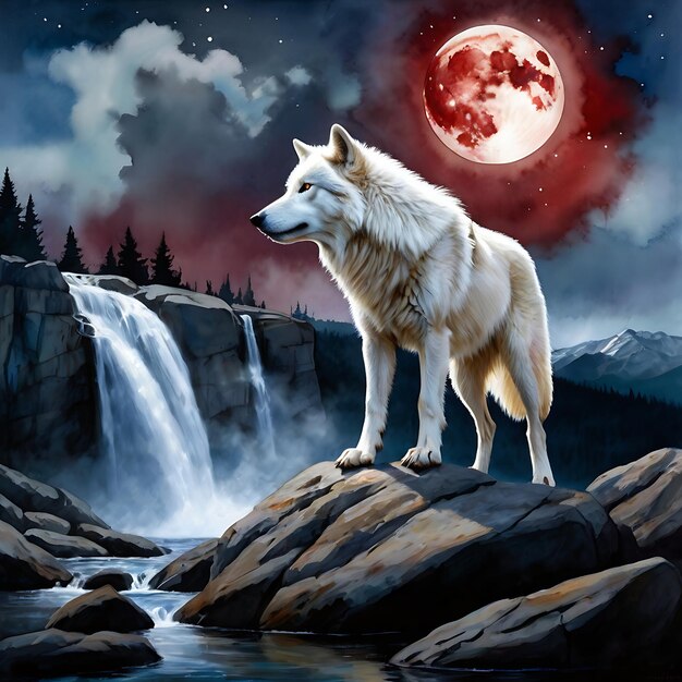 a wolf is standing on a rock with a full moon in the background