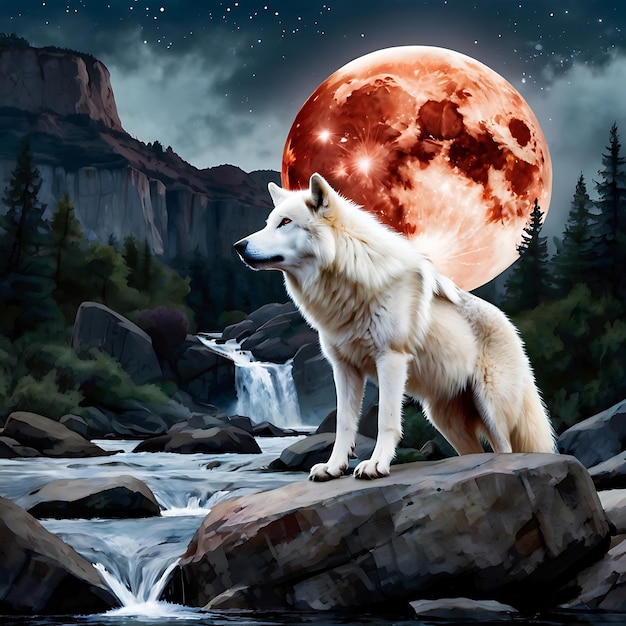 a wolf is standing on a rock with a full moon in the background