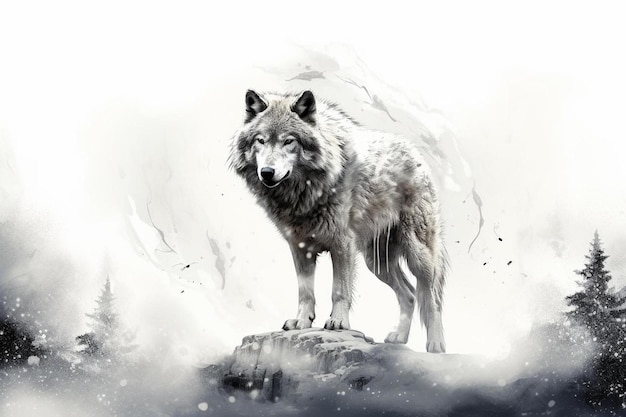 a wolf is standing on a rock with a picture of a wolf on it.