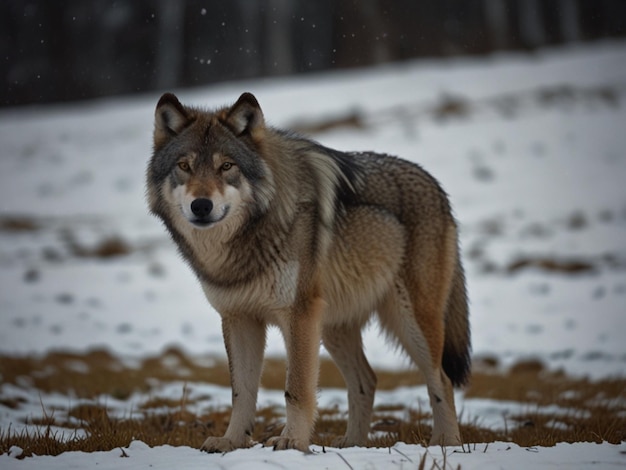 Photo a wolf is standing in the snow with a forest in the background