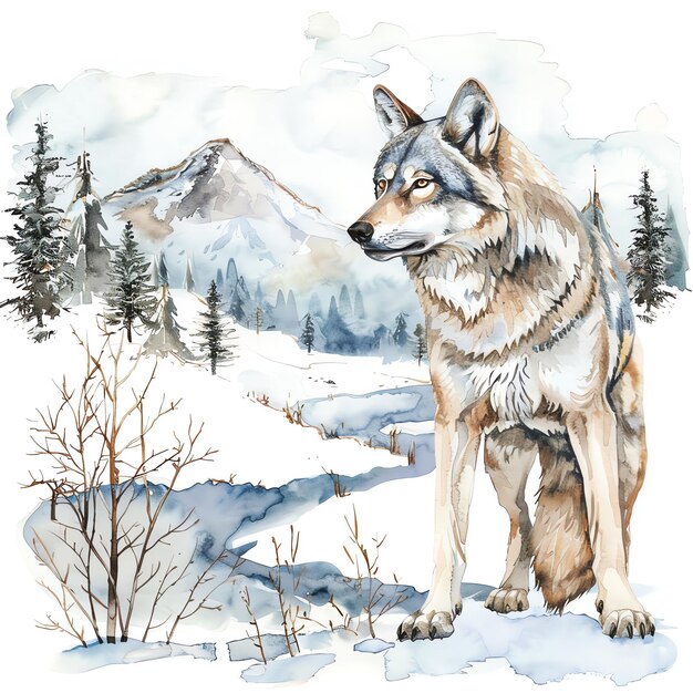 a wolf is standing in the snow with trees and mountains in the background