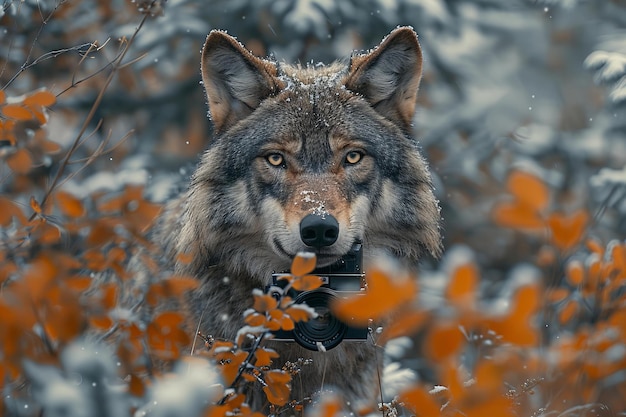 a wolf is standing in the woods with the snow on its face