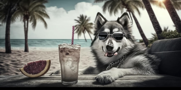 Wolf is on summer vacation at seaside resort and relaxing on summer beach