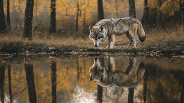 Photo a wolf and its reflection in a still pond with the surrounding forest mirrored in the water