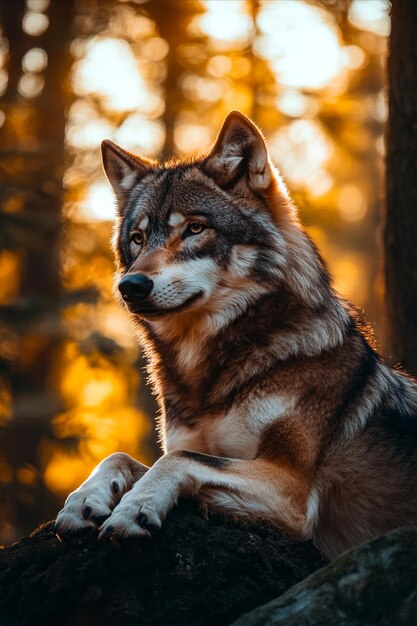 A wolf laying on a rock in the woods