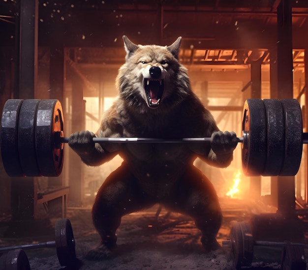 Wolf Lifting Weights in Destroyed Gym Fire Behind Wolf Ai Generated