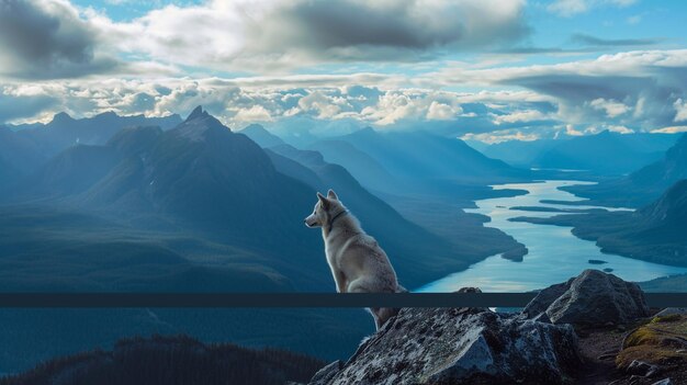 Photo a wolf looking out over a mountain with a lake in the background