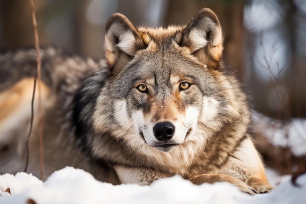 Wolf lying in the snow its muzzle turned toward the camera