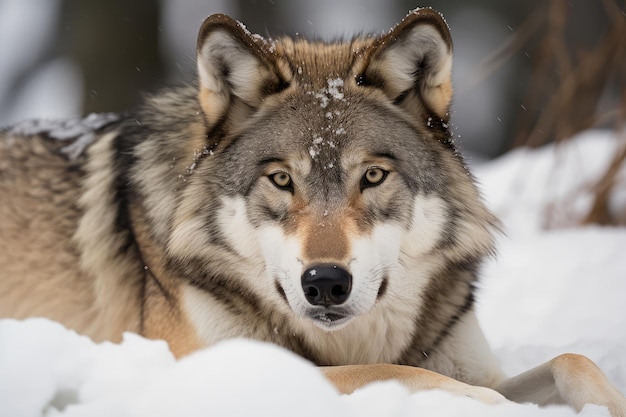 Wolf lying in the snow its muzzle turned toward the camera