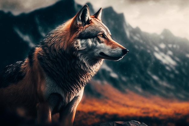 Wolf on mountain top mist